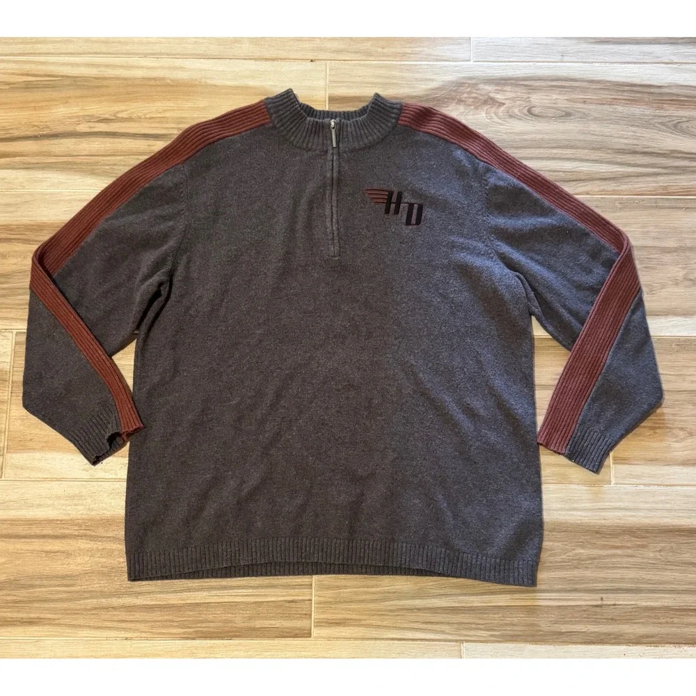 Harley-Davidson Mens 2XL Gray Wool Blend 1/4 Zip Racing Stripe Sweater Pullover